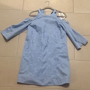 Ted Baker Light pastel Blue Cold Shoulder Dress embroidered cut out hobo chic 0